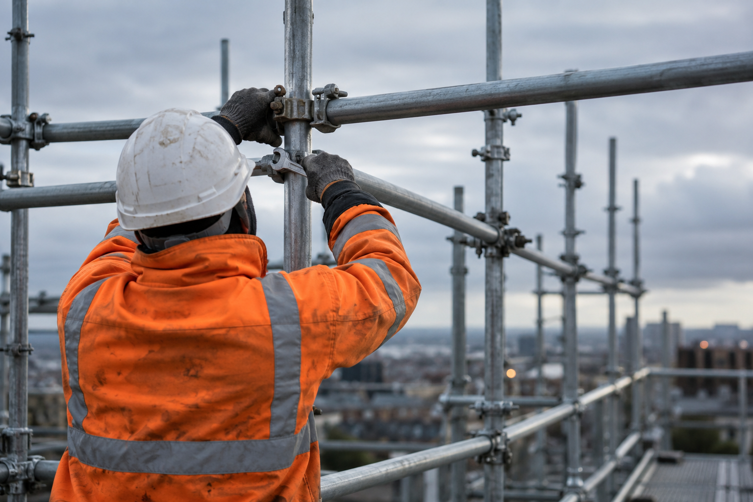 Scaffolder in a hard hat and hi-vis jacket fixing a coupler on a scaffold