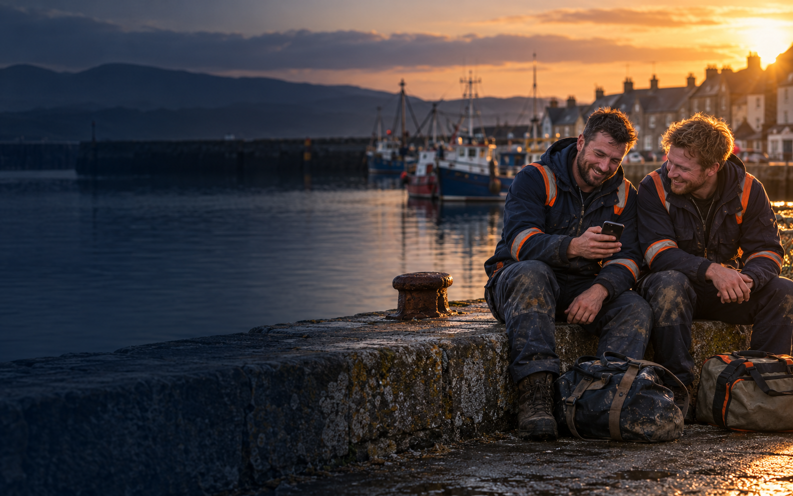 Two offshore workers on a harbour wall, one showing the other something on his phone