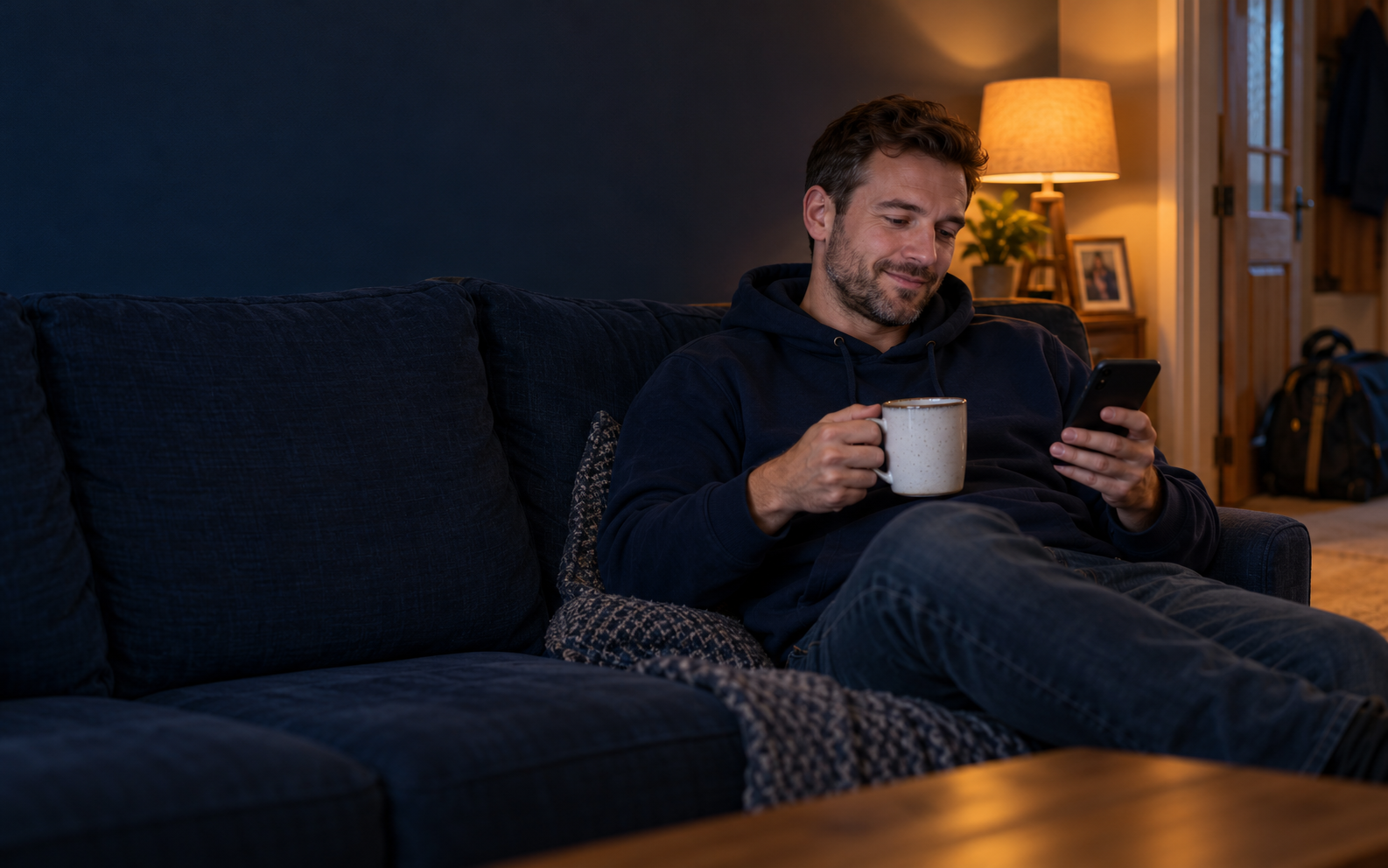 Contractor relaxing at home on the sofa, reading on his phone
