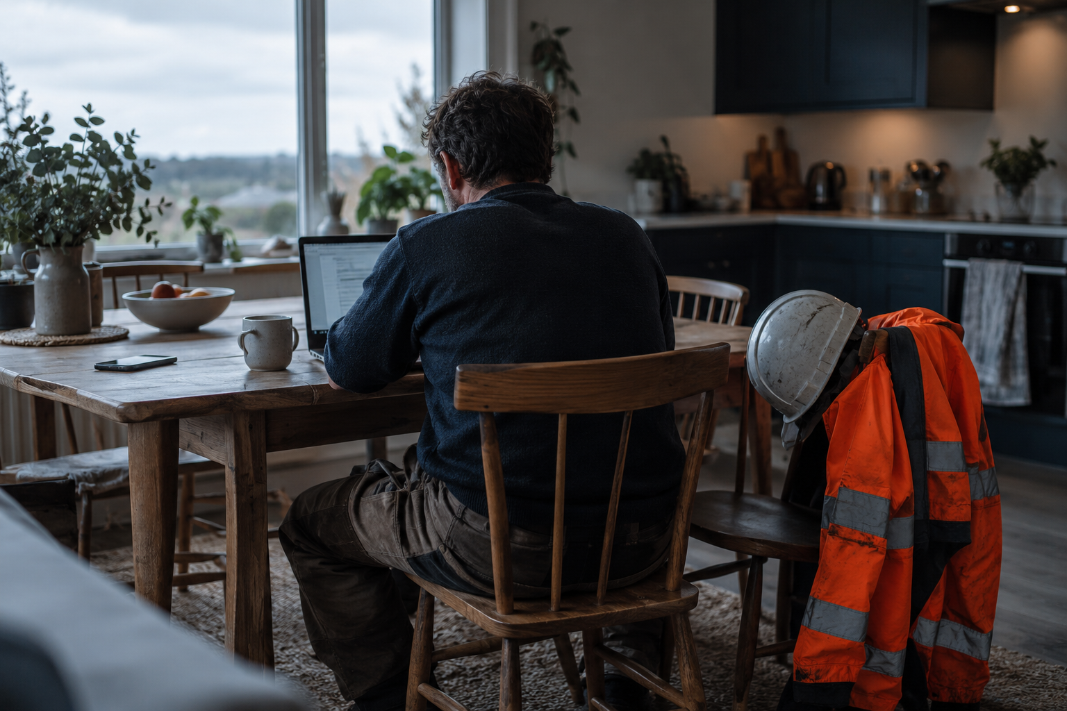 Contractor at a kitchen table at home sorting out his paperwork