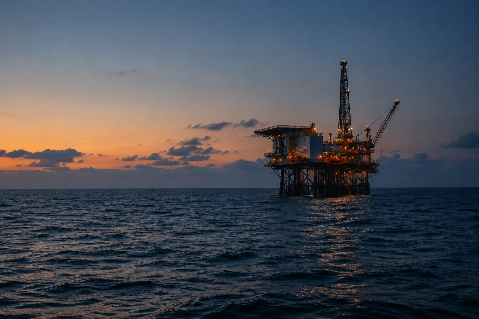 Offshore oil platform at sea at dusk
