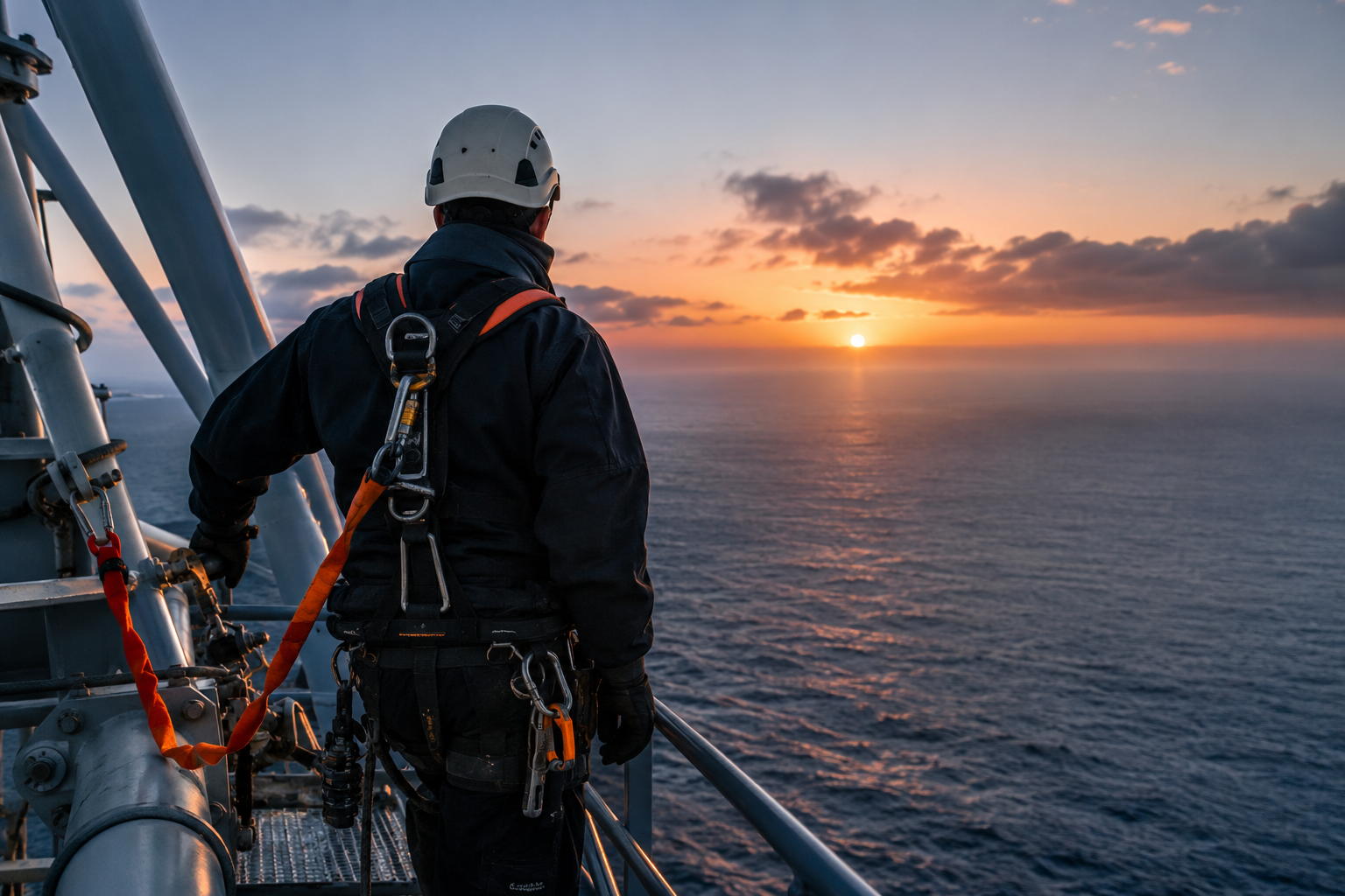 Rope access technician in a harness looking out over the sea at sunrise