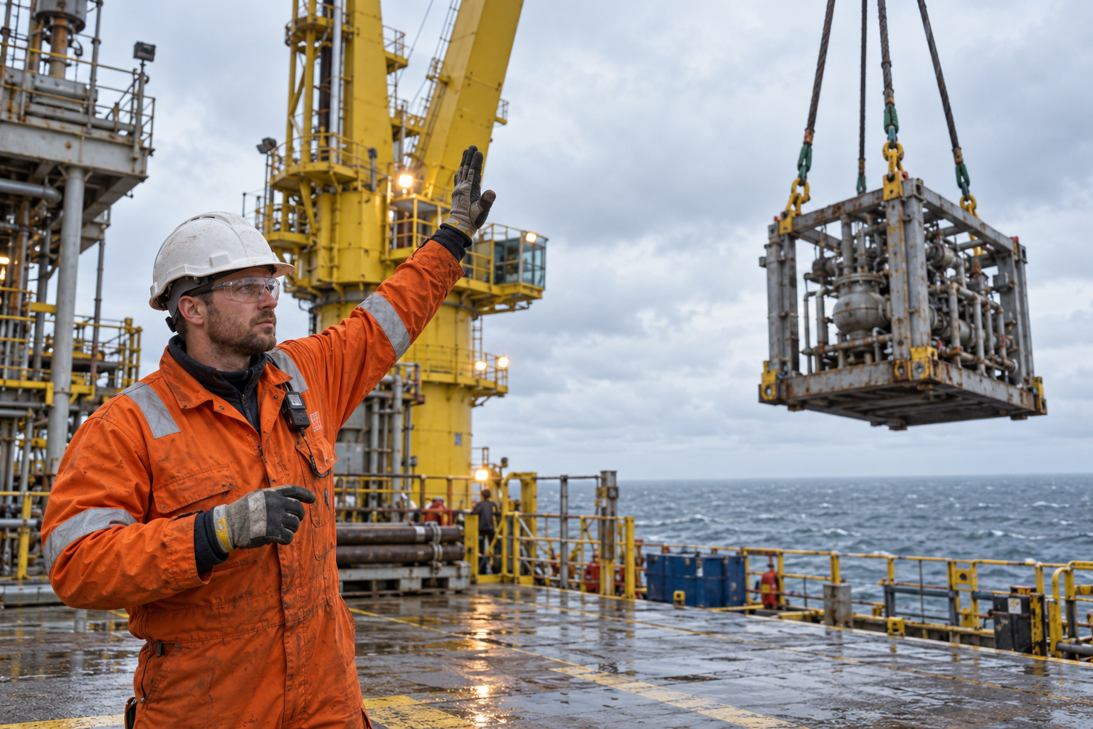 Rigger on an offshore deck giving hand signals to a crane operator