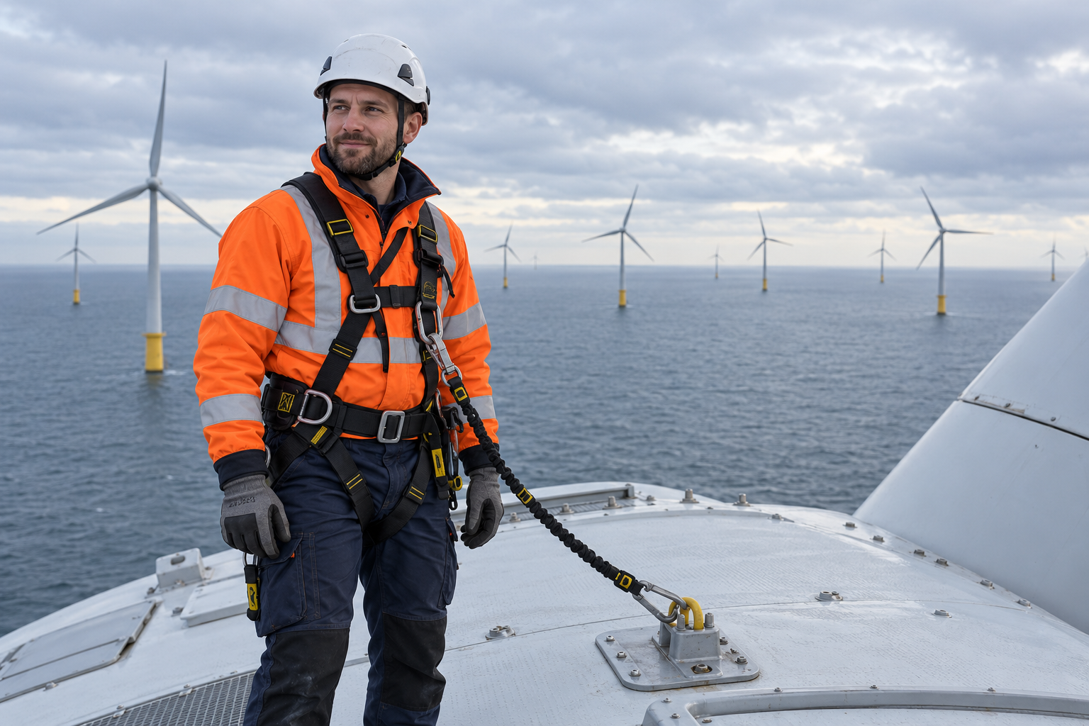 Wind turbine technician in safety gear on top of a turbine