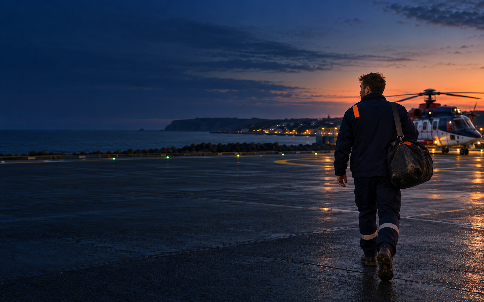 Offshore contractor walking home from the heliport after his rotation